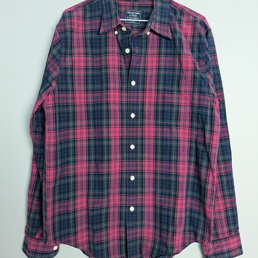 Abercrombie & Fitch men's plaid long sleeve button down shirt pink green check L